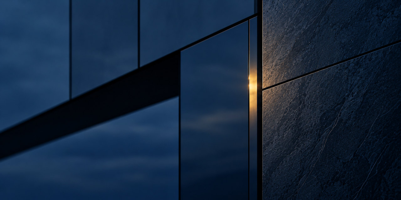Abstract illustration: a dark glass and stone facade at blue hour, with a single warm gold reflection along one seam